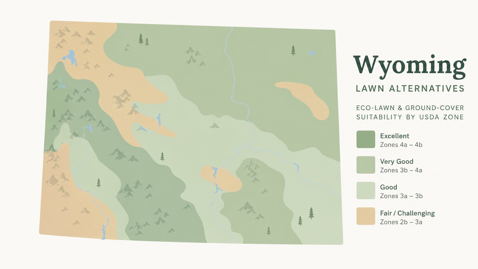 Map-style illustration of Lawn Alternatives in Wyoming showing eco-lawn and ground-cover suitability across its USDA climate zones