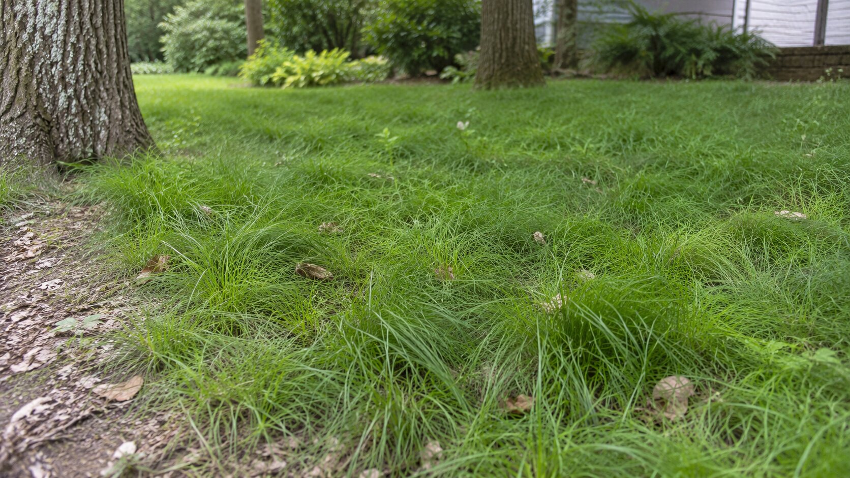 A soft native sedge lawn spreading beneath trees in gentle woodland shade