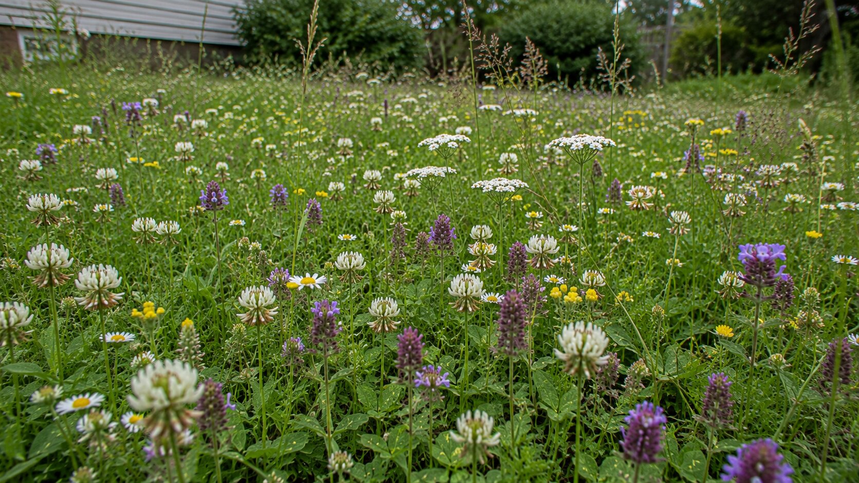 A wildflower meadow lawn full of low blooms and native grasses swaying