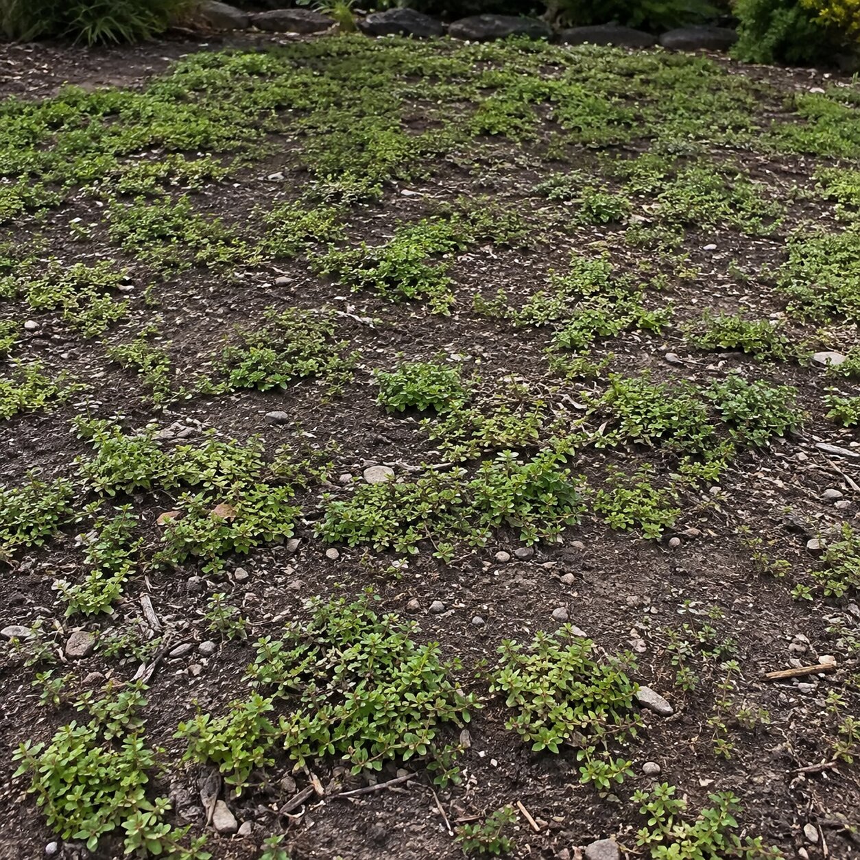 Year-one creeping thyme seedlings still sparse between bare soil patches