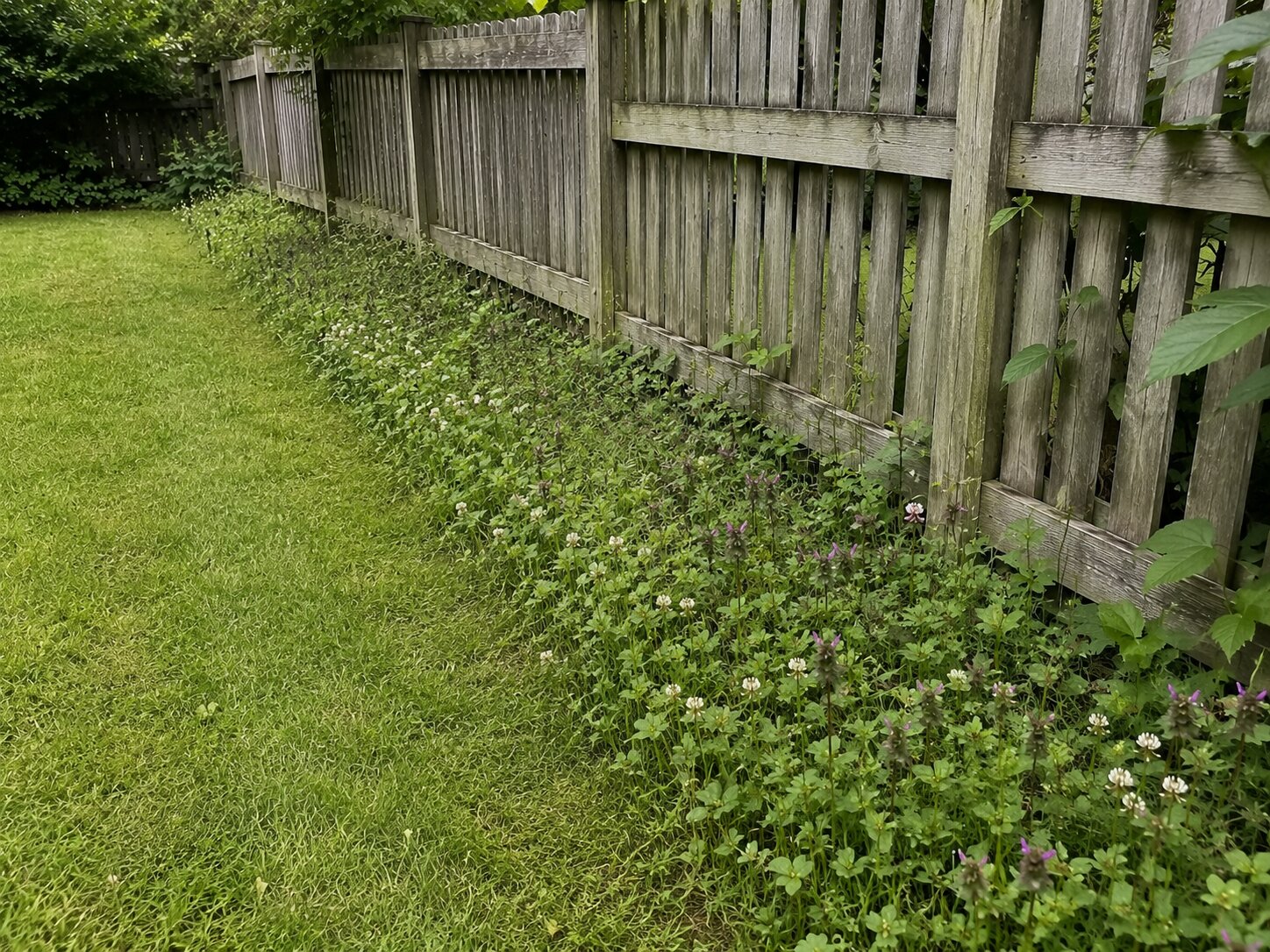 A three-foot flowering bee lawn strip running along a garden fence line beside mowed lawn